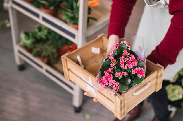 Pflanzen Sie Frau mit blühenden Blumen im Kasten