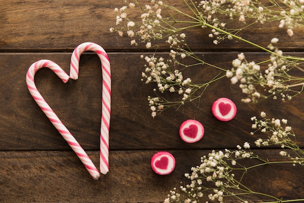 Kostenloses Foto pflanzen sie mit blumen in der nähe von zuckerstangen und gelees