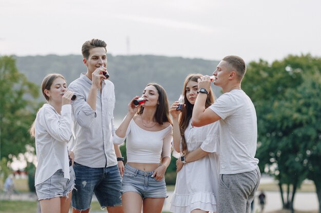 Picknickfreunde mit Pizza und Getränken, die mit Beifall, sonnigem Tag, Sonnenuntergang, Firma, Spaß, Paaren und Mutter mit Baby trinken und essen