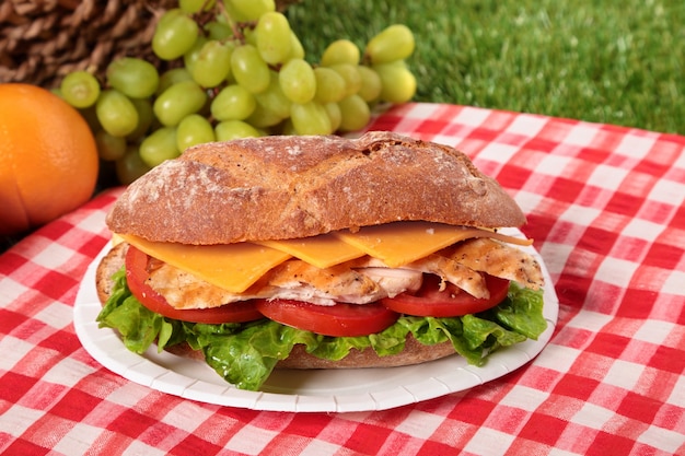 Picknickkorb mit Hähnchen-Baguettesandwich