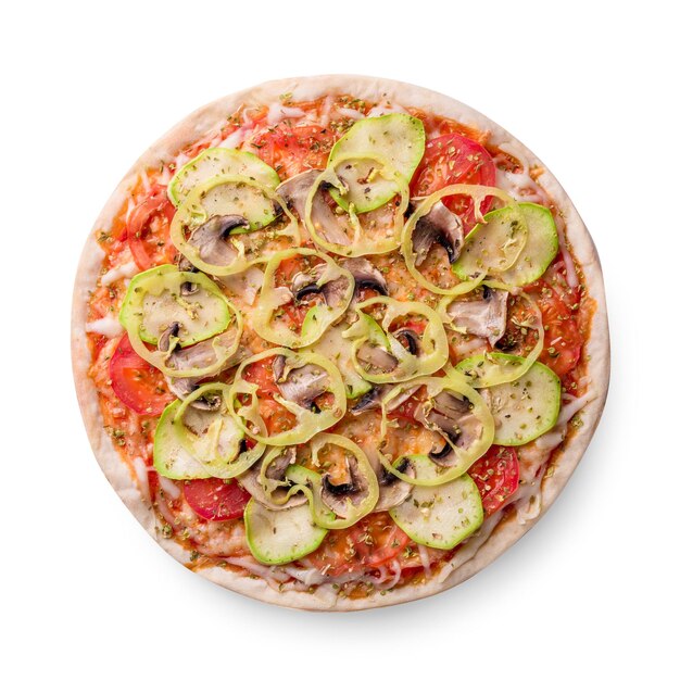 Pilz-Pizza-Vegetarier auf weißem Hintergrund isoliert. Stillleben. Platz kopieren. Ansicht von oben. Flach liegen