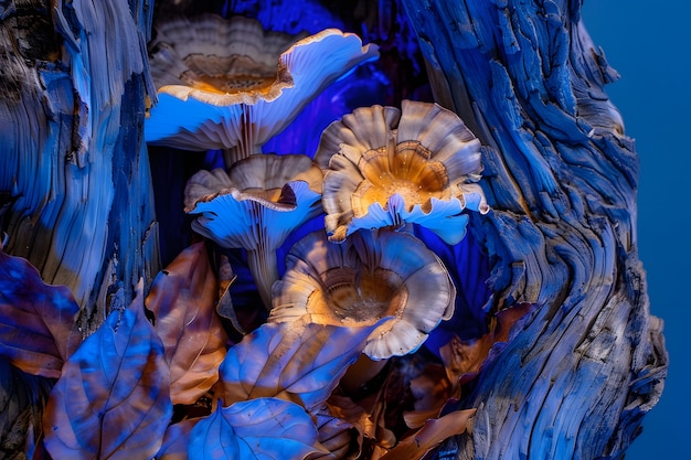 Pilze, die mit intensiven, farbenfrohen Lichtern gesehen werden