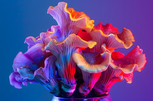 Pilze, die mit intensiven, farbenfrohen Lichtern gesehen werden