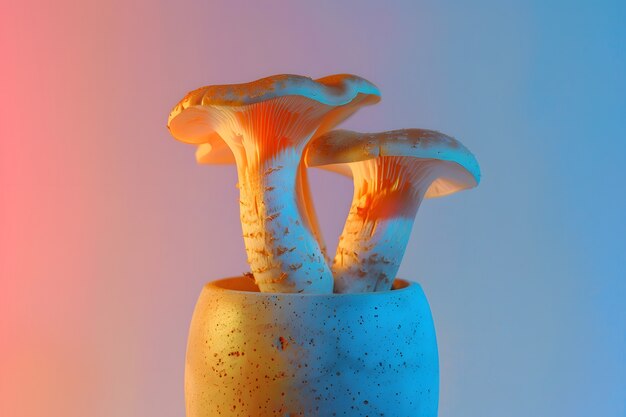 Pilze, die mit intensiven, farbenfrohen Lichtern gesehen werden