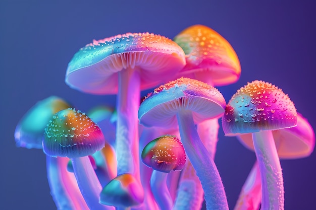 Kostenloses Foto pilze, die mit intensiven, farbenfrohen lichtern gesehen werden