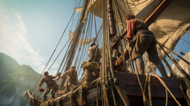 Piratenschiff segelt auf dem Meer
