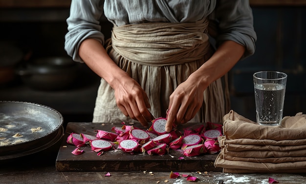 Kostenloses Foto pitahaya oder drachenfrucht stillleben im filmischen dunklen stil