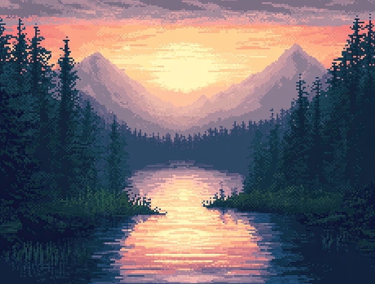 Pixel-Art-Landschaftsillustration des Flusses