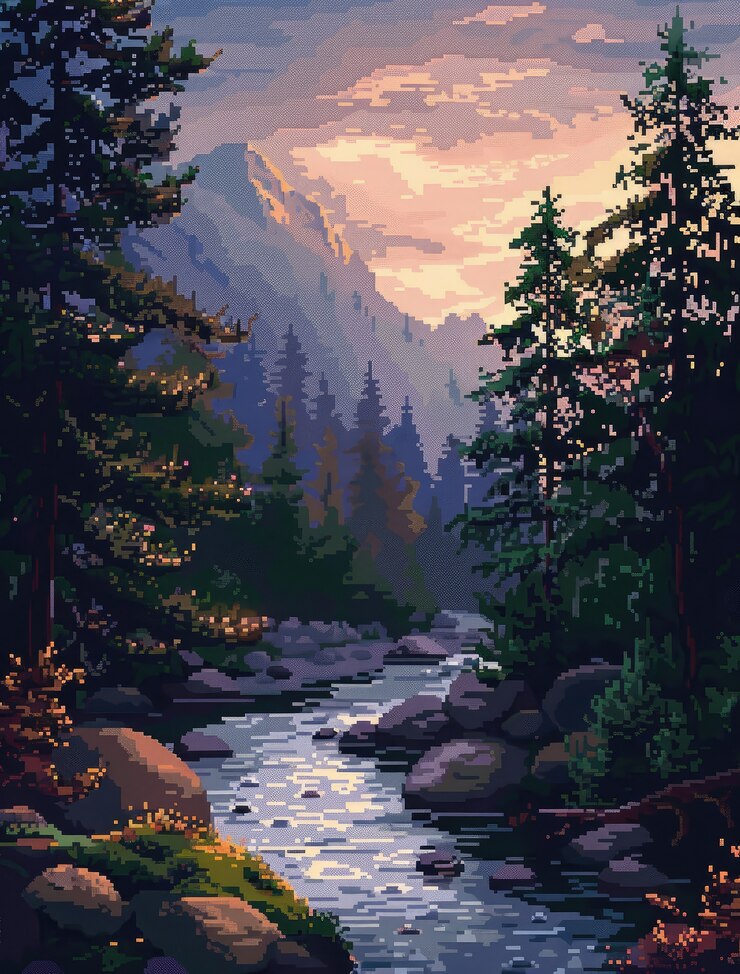Pixel-Art-Landschaftsillustration des Flusses