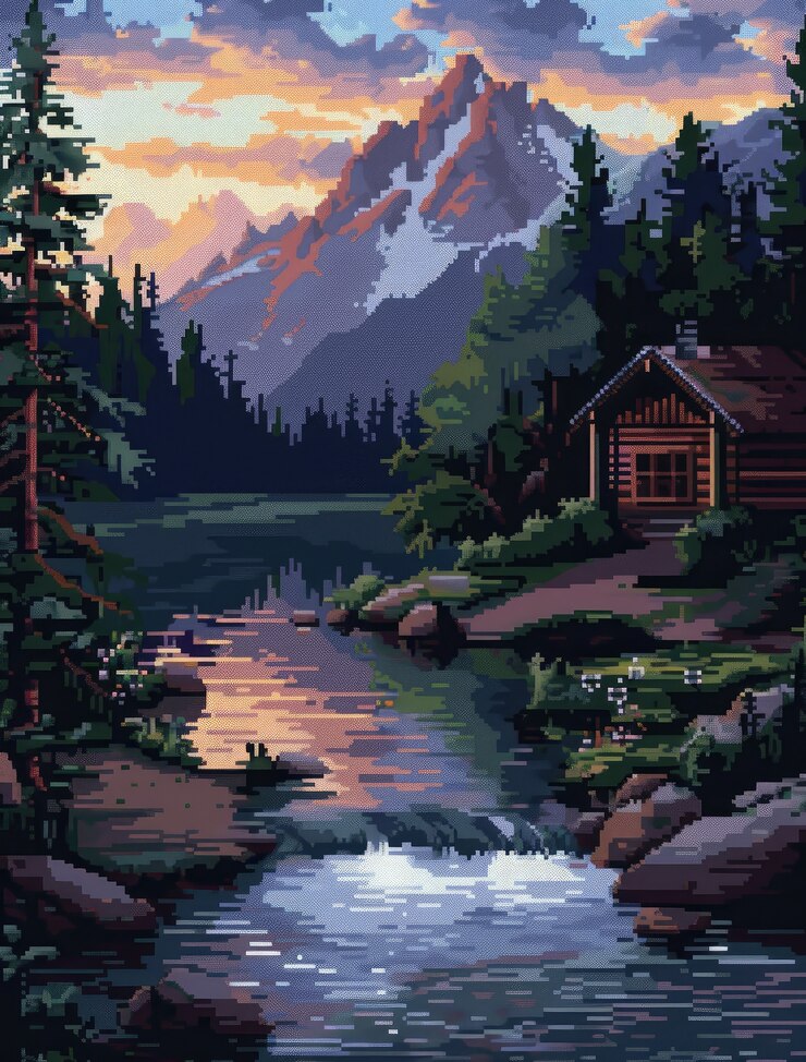 Pixel-Art-Landschaftsillustration des Flusses