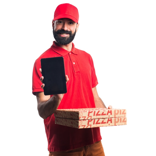 Pizza Lieferung Mann mit einer Tablette