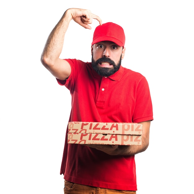 Pizza Lieferung Mann mit Zweifeln
