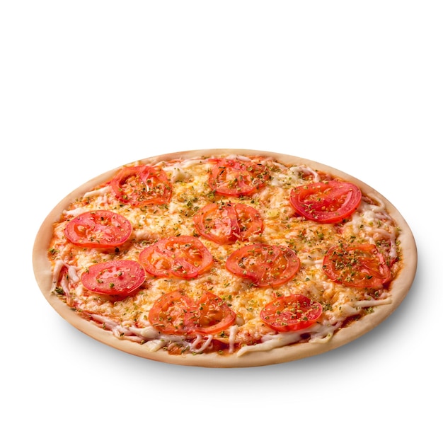 Pizza mit Käse und Tomaten isoliert auf weißem Hintergrund. Pizza Margarita Draufsicht. Foto für die Speisekarte