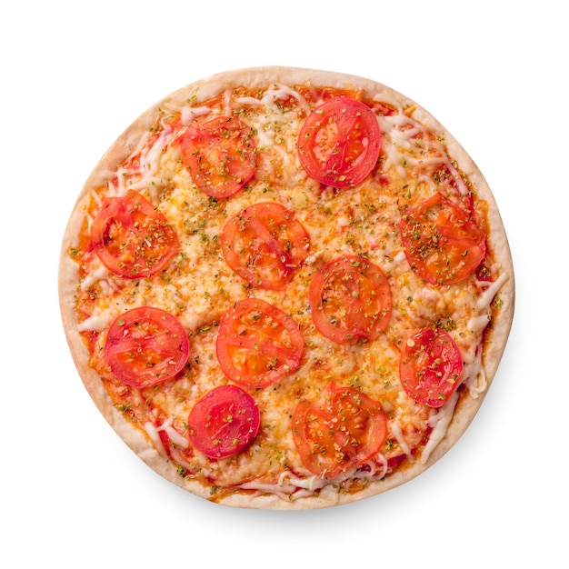 Pizza mit Käse und Tomaten isoliert auf weißem Hintergrund. Pizza Margarita Draufsicht. Foto für die Speisekarte