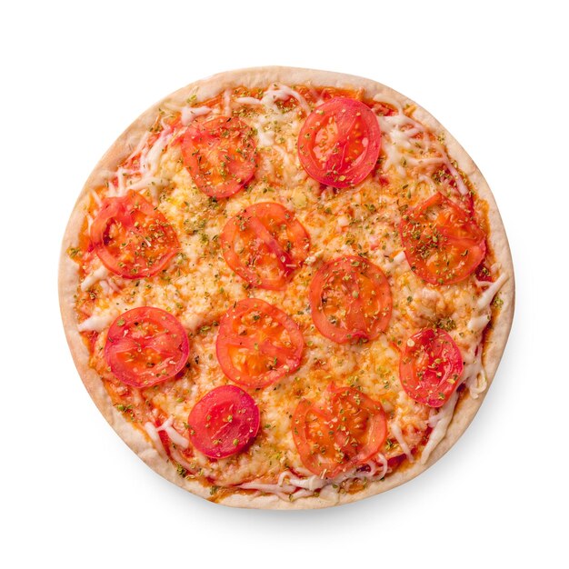 Pizza mit Käse und Tomaten isoliert auf weißem Hintergrund. Pizza Margarita Draufsicht. Foto für die Speisekarte