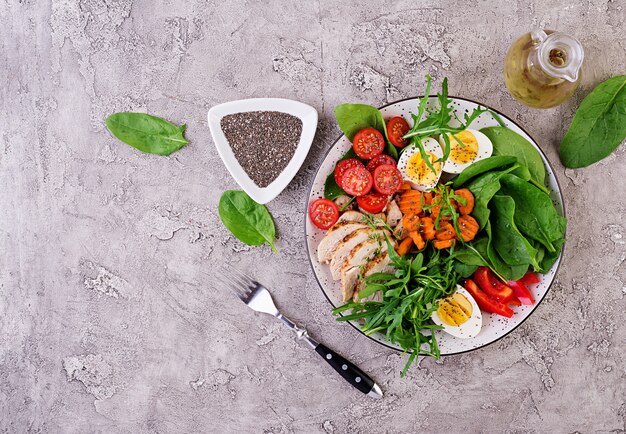 Platte mit einem Ketodiätfutter. Kirschtomaten, Hühnerbrust, Eier, Karotten, Salat mit Rucola und Spinat. Keto-Mittagessen. Draufsicht