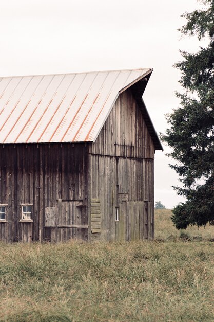 Pld Holzscheune in einem großen Feld neben einem Baum gebaut