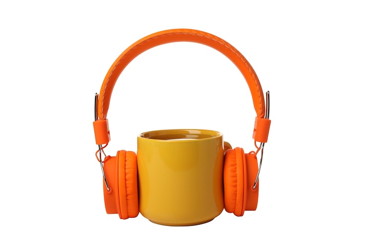 Kostenlose Foto pnga-tasse mit isolierten kopfhörern auf weißem hintergrund