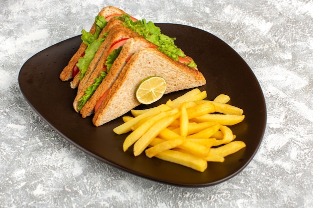 Kostenloses Foto pommes frites mit sandwiches in braunem teller