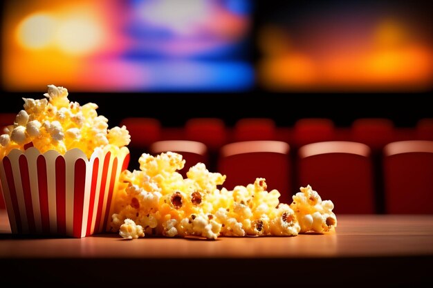 Popcorn auf einem Tisch vor einem Kino