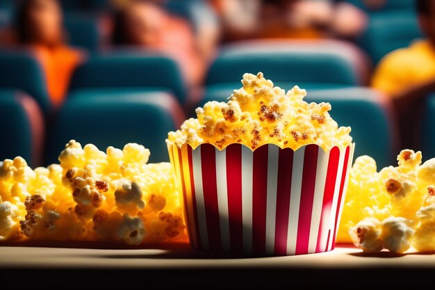 Popcorn auf einem Tisch vor einem Kino