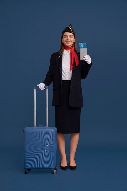 Porträt der Flugbegleiterin mit Gepäck und Flugtickets