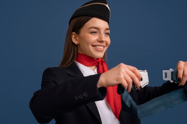 Porträt der Flugbegleiterin mit Sicherheitsgurt