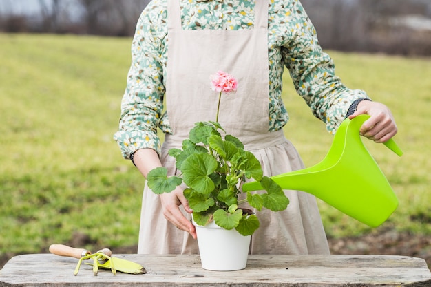 Porträt der Frau, die im Garten arbeitet