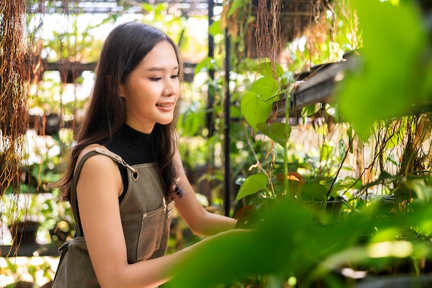 Porträt der jungen asiatischen frau gärtnerin in schürze, die in einem gartencenter arbeitet fröhliches lächeln der asiatischen jungen landwirtin, die den pflanzentopf-rack-bauernhof überprüft, der im gewächshaus-kleinunternehmen wächst