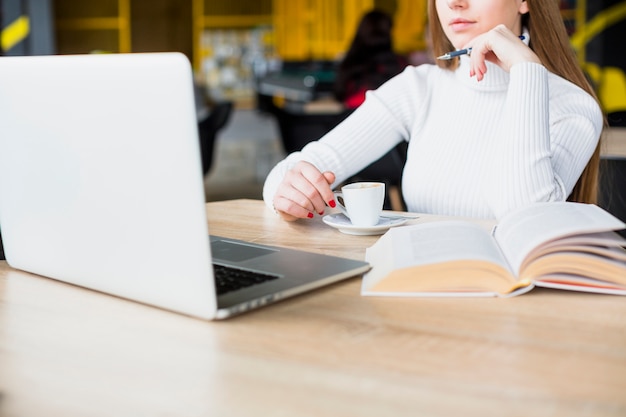 Porträt der modernen Frau arbeitend mit Laptop