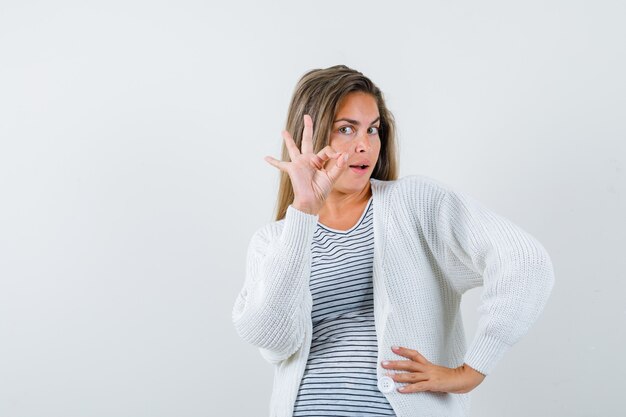 Porträt der schönen Frau, die ok Geste in der Jacke zeigt und erfreute Vorderansicht schaut