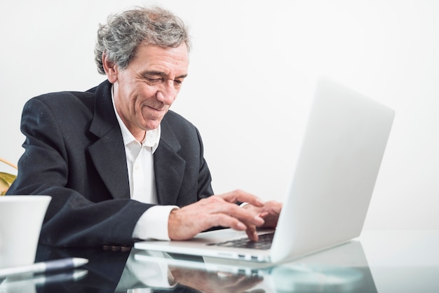 Porträt des älteren Mannes schreibend auf Laptop im Büro