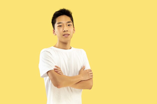 Porträt des koreanischen jungen Mannes. Männliches Modell im weißen Hemd. Stehen und schauen. Konzept menschlicher Emotionen, Gesichtsausdruck. Vorderansicht. Trendige Farben.