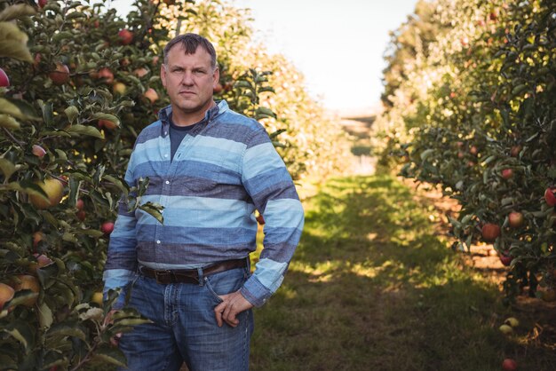 Porträt des Landwirts stehend im Apfelgarten