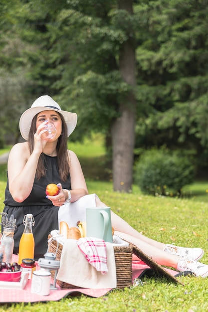Porträt des trinkenden Safts der Frau Apfel in der Hand auf Picknick halten