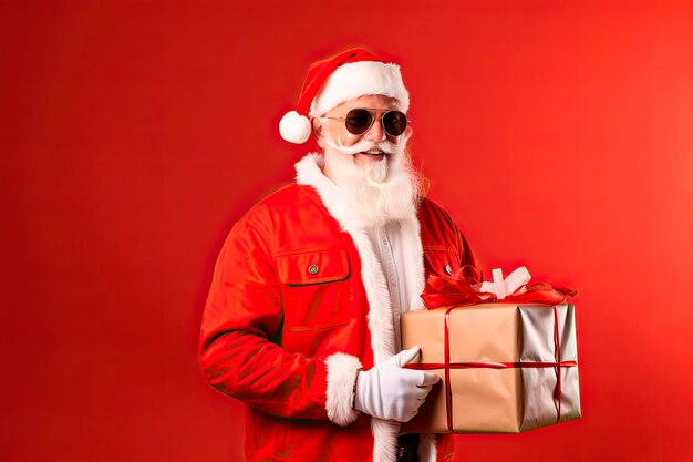 Porträt des weihnachtsmanns lächelnd mit sonnenbrille und einem geschenk in den händen auf rotem hintergrund
