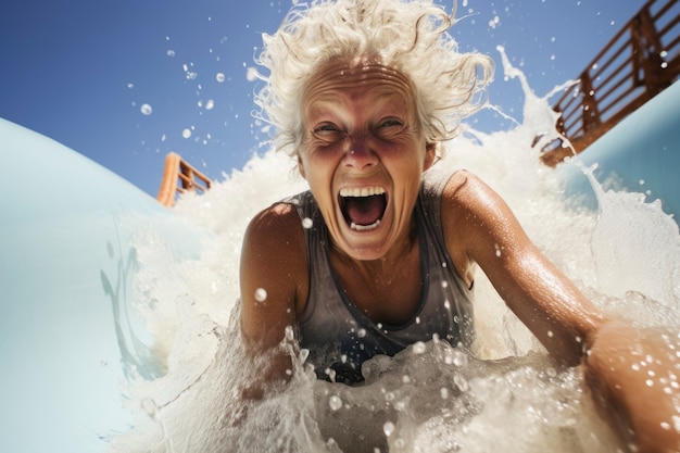 Porträt einer älteren lachenden Frau an der Wasserrutsche