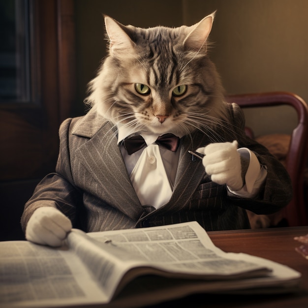 Porträt einer anthropomorphen Katze, die in menschliche Kleidung gekleidet ist