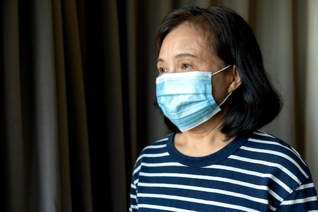 Porträt einer asiatischen älteren Seniorin mit medizinischer Gesichtsmaske, die eine Pandemie-Coronavirus-Krankheitsquarantäne im häuslichen Covid19-Ausbruchpräventionskonzept trägt