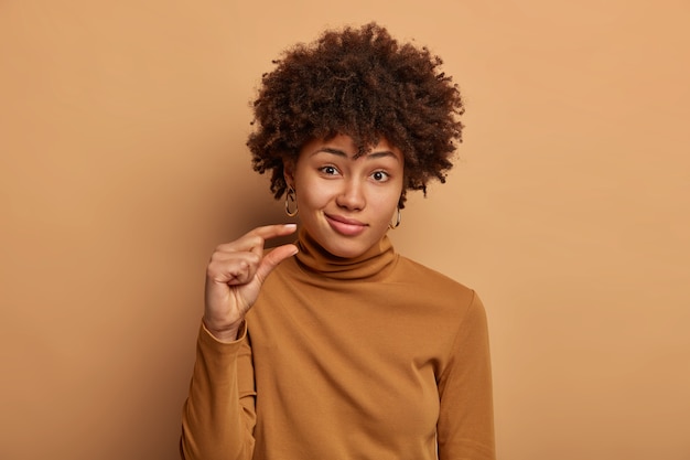 Porträt einer attraktiven Frau mit lockigem Afro-Haar, formt winziges und kleines Ding, spricht über Größe, gekleidet in lässigen braunen Pullover