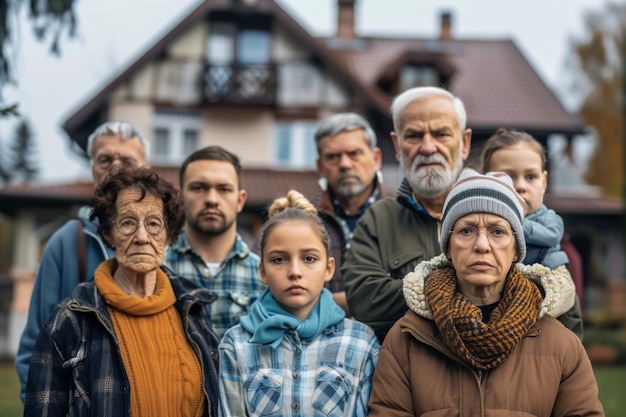 Porträt einer Familie mit mehreren Generationen, die aufgrund teurer Wohnungspreise den Haushalt teilen