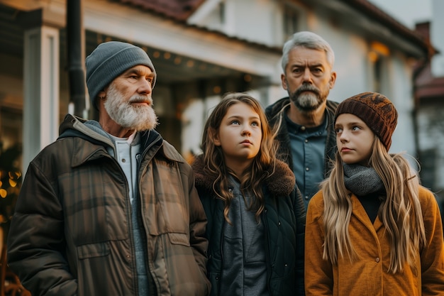 Porträt einer Familie mit mehreren Generationen, die aufgrund teurer Wohnungspreise den Haushalt teilen