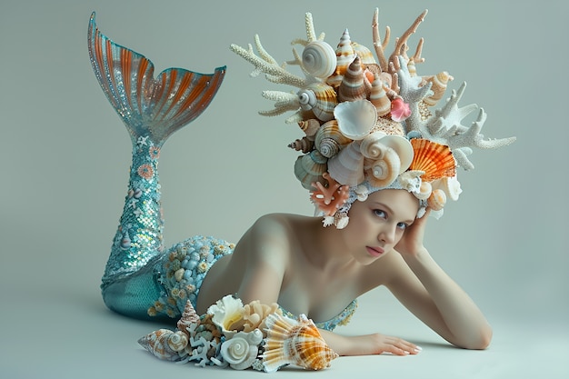 Porträt einer Frau als fantastische Meerjungfrau mit Schwanz