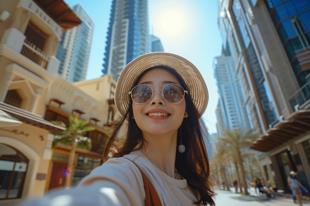 Kostenloses Foto porträt einer frau, die die luxuriöse stadt dubai besucht