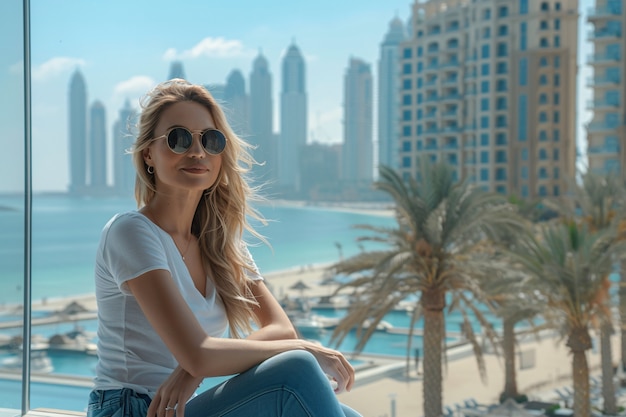 Kostenloses Foto porträt einer frau, die die luxuriöse stadt dubai besucht