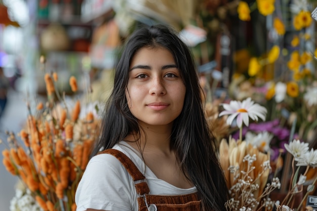 Kostenloses Foto porträt einer frau, die in einem trockenblumenladen arbeitet