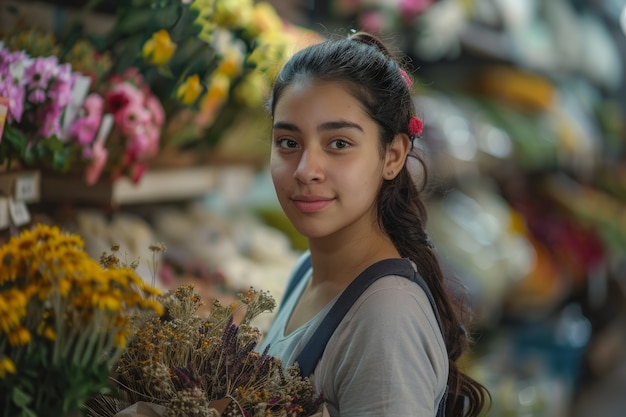 Kostenloses Foto porträt einer frau, die in einem trockenblumenladen arbeitet