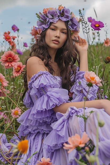 Porträt einer Frau, die Lavendelfarbene Modekleidung für die Farbe des Jahres trägt