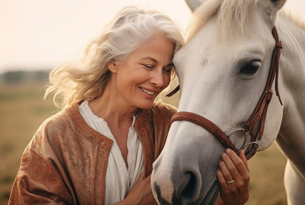 Porträt einer Frau, die sich um ihr Pferd kümmert