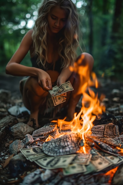 Porträt einer Frau, die von Geld umgeben ist